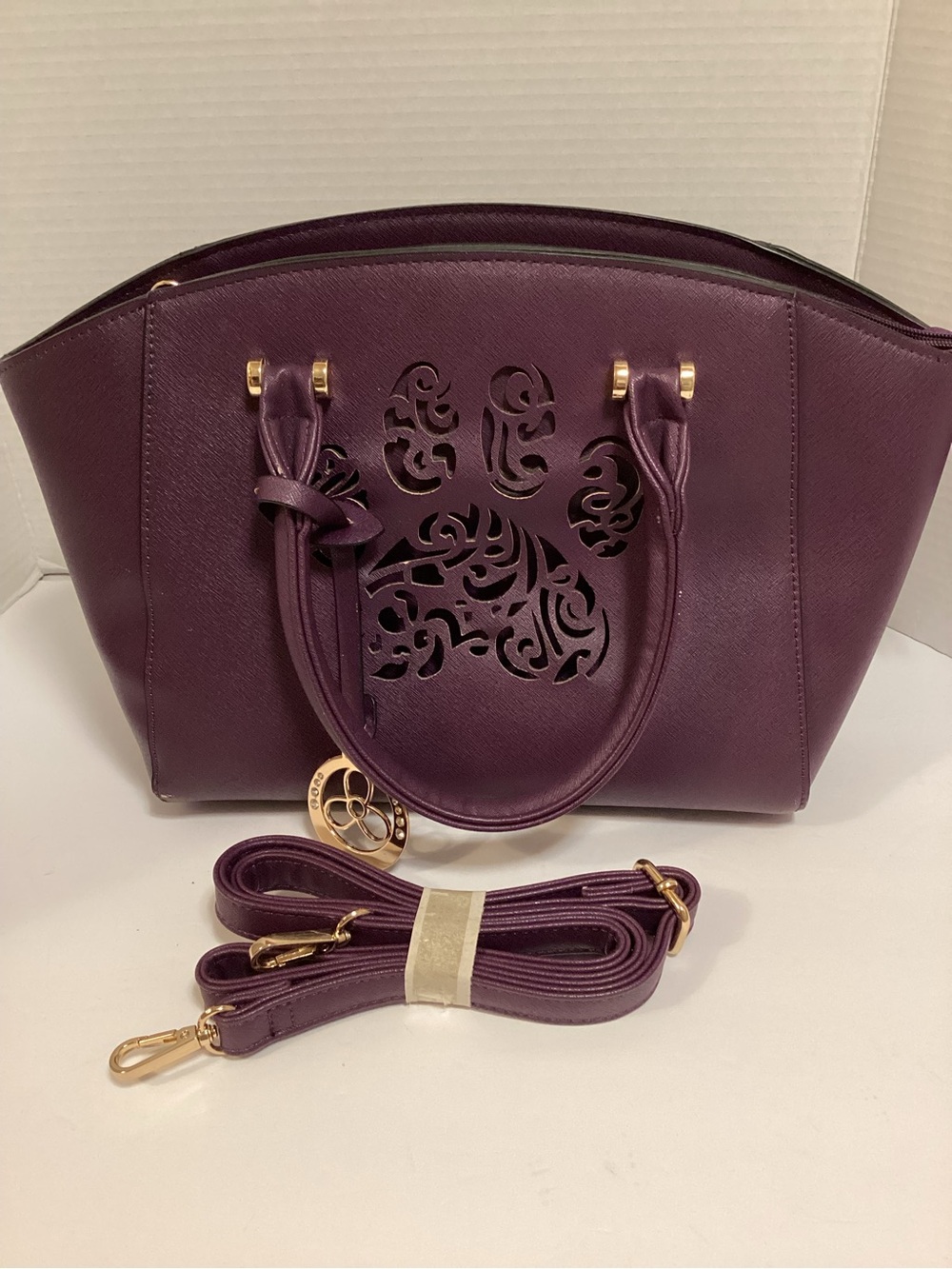 Plum Faux Leather Satchel with Cutout Paw Detail and Gold Hardware